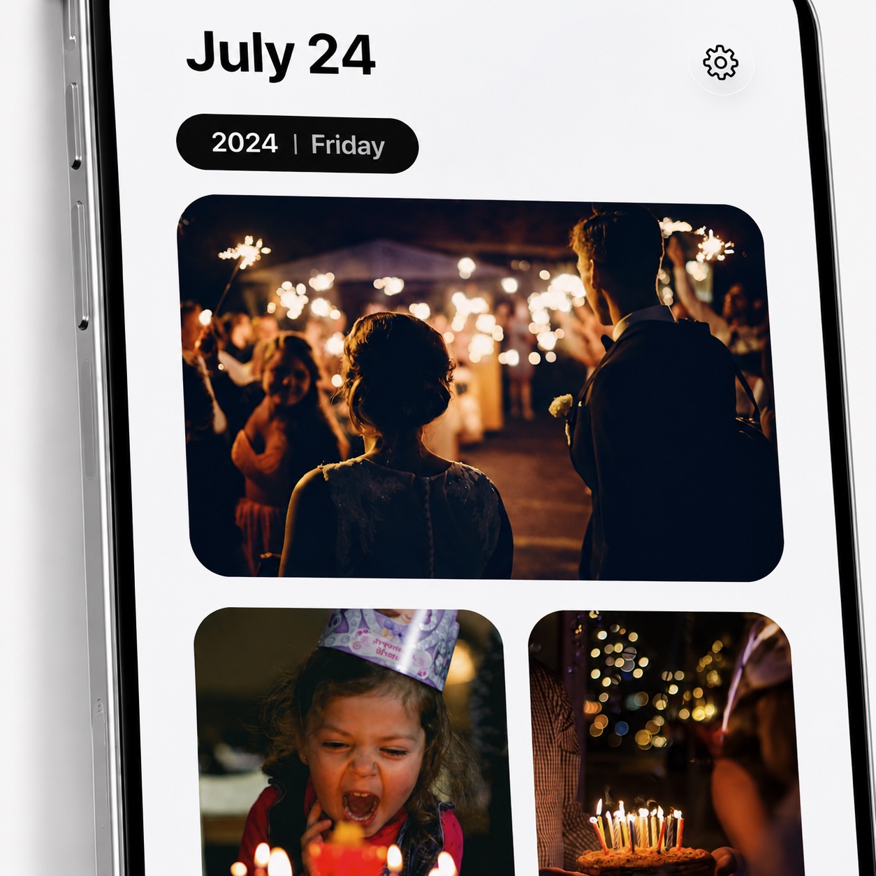 Photura photo-memory timeline displayed on an iPhone